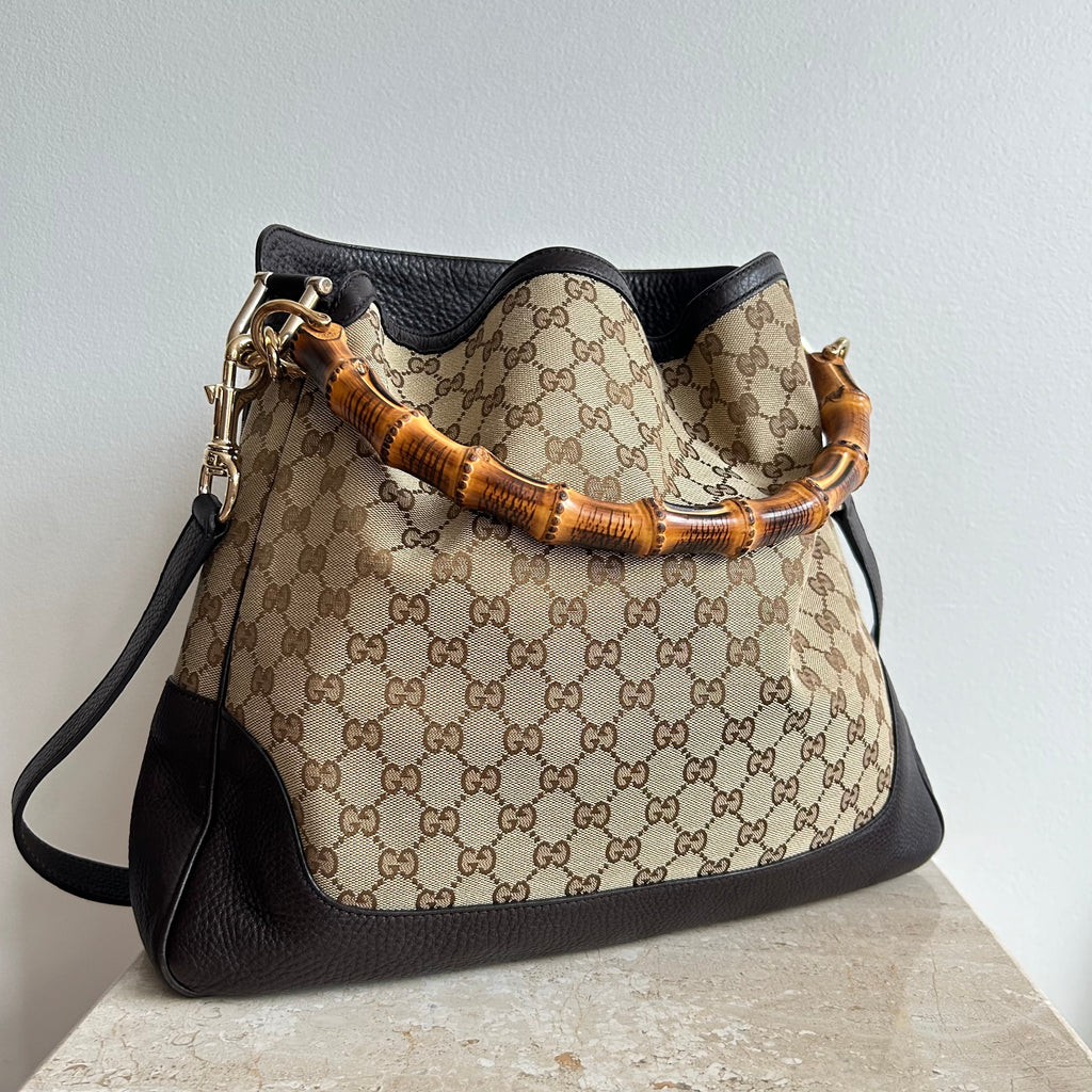 Pre-Owned GUCCI Bamboo GG Canvas Shoulder Bag