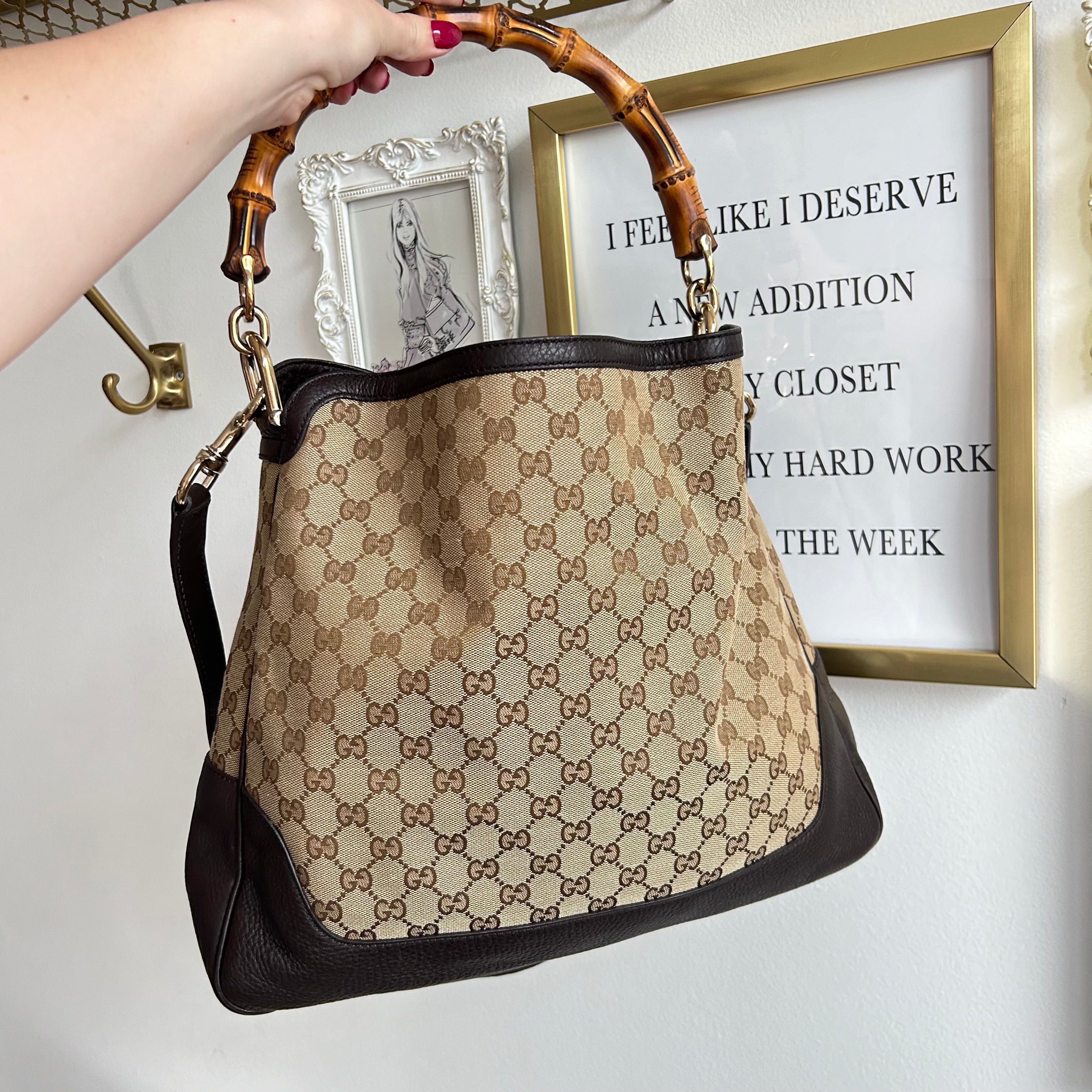 Pre-Owned GUCCI Bamboo GG Canvas Shoulder Bag