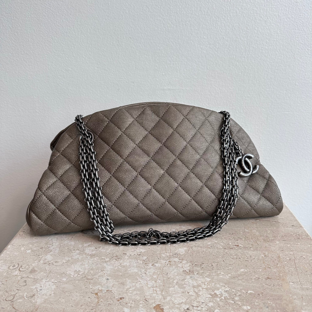 Pre-Owned CHANEL™ Metallic Caviar Quilted Medium Just Mademoiselle Bowling Bag Olive