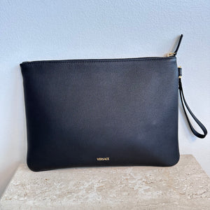 Pre-Owned VERSACE La Medusa Black Leather Clutch/Wristlet