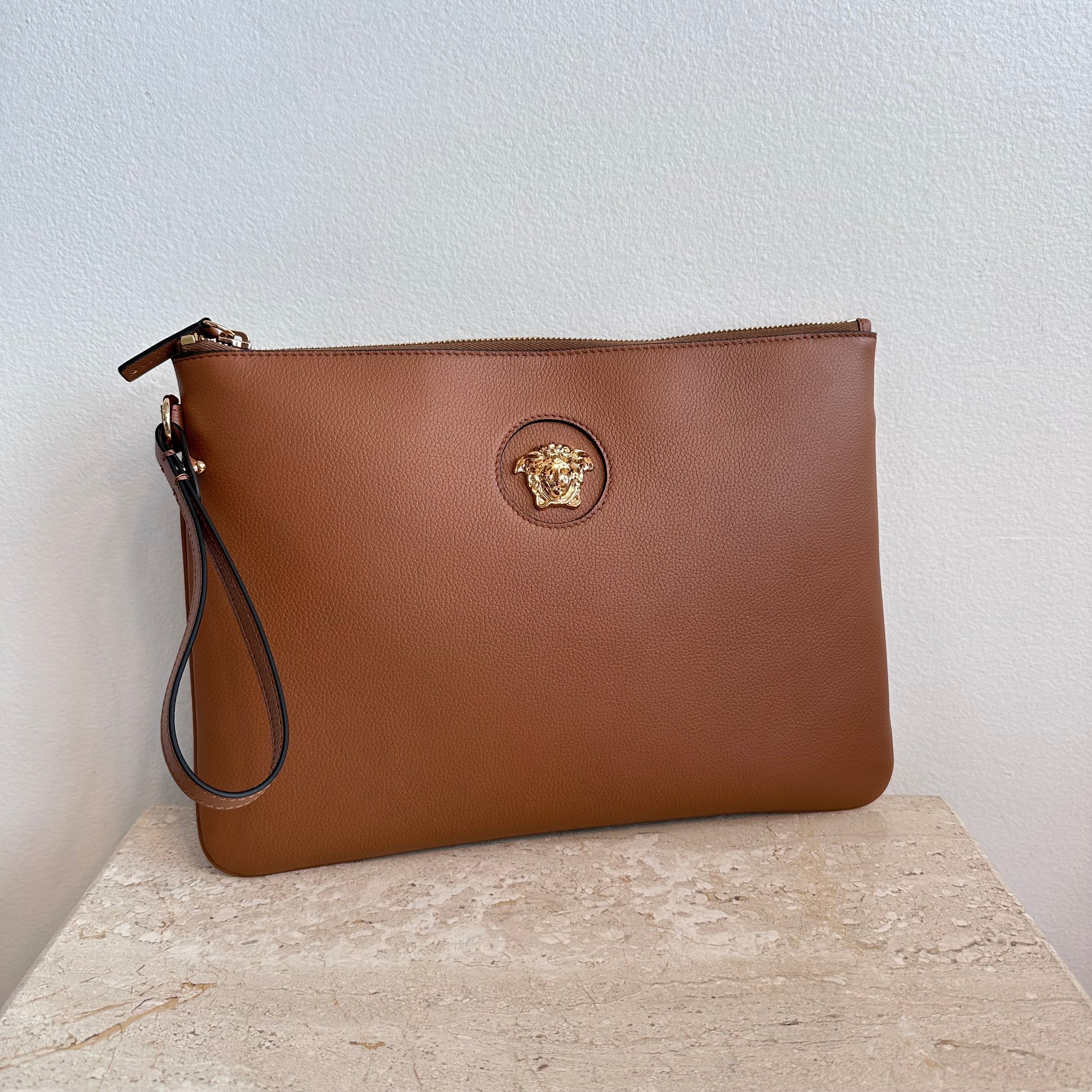 Pre-Owned VERSACE La Medusa Brown Leather Clutch/Wristlet