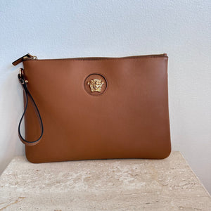 Pre-Owned VERSACE La Medusa Brown Leather Clutch/Wristlet