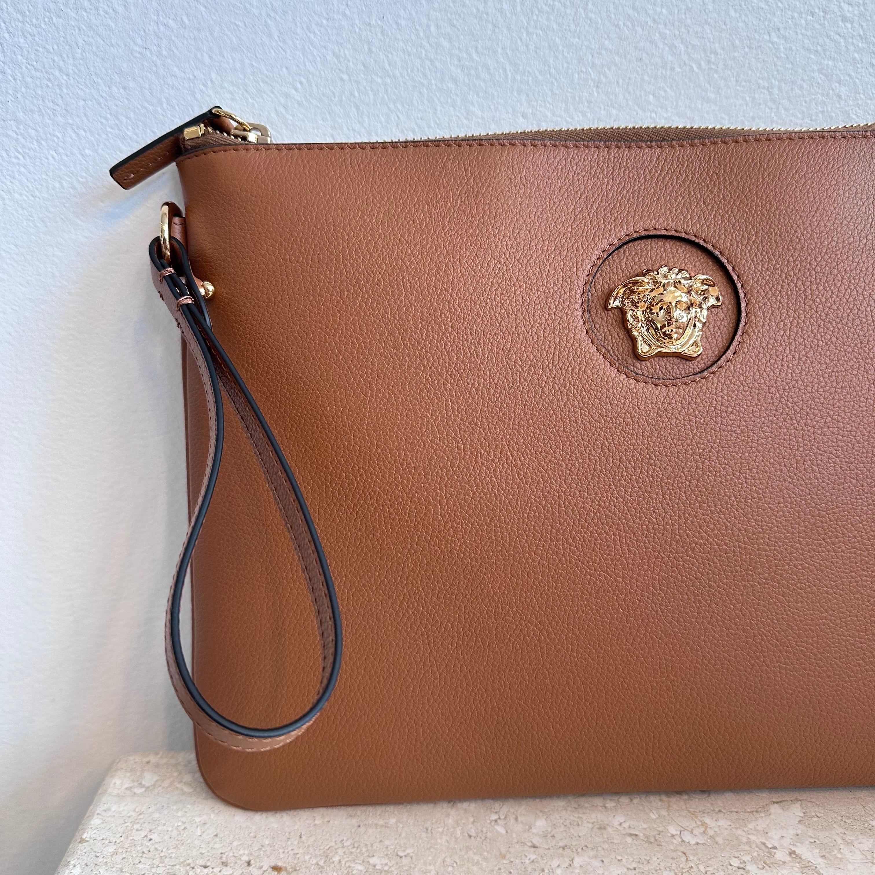 Pre-Owned VERSACE La Medusa Brown Leather Clutch/Wristlet