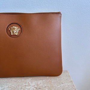 Pre-Owned VERSACE La Medusa Brown Leather Clutch/Wristlet