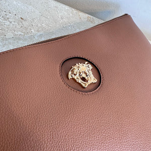 Pre-Owned VERSACE La Medusa Brown Leather Clutch/Wristlet