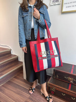 Pre-Owned GUCCI Calfskin Sylvie Stripe Tote Bag