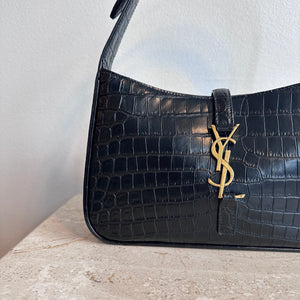 Pre-Owned SAINT LAURENT LE 5 Á Crocodile Embossed Black Leather