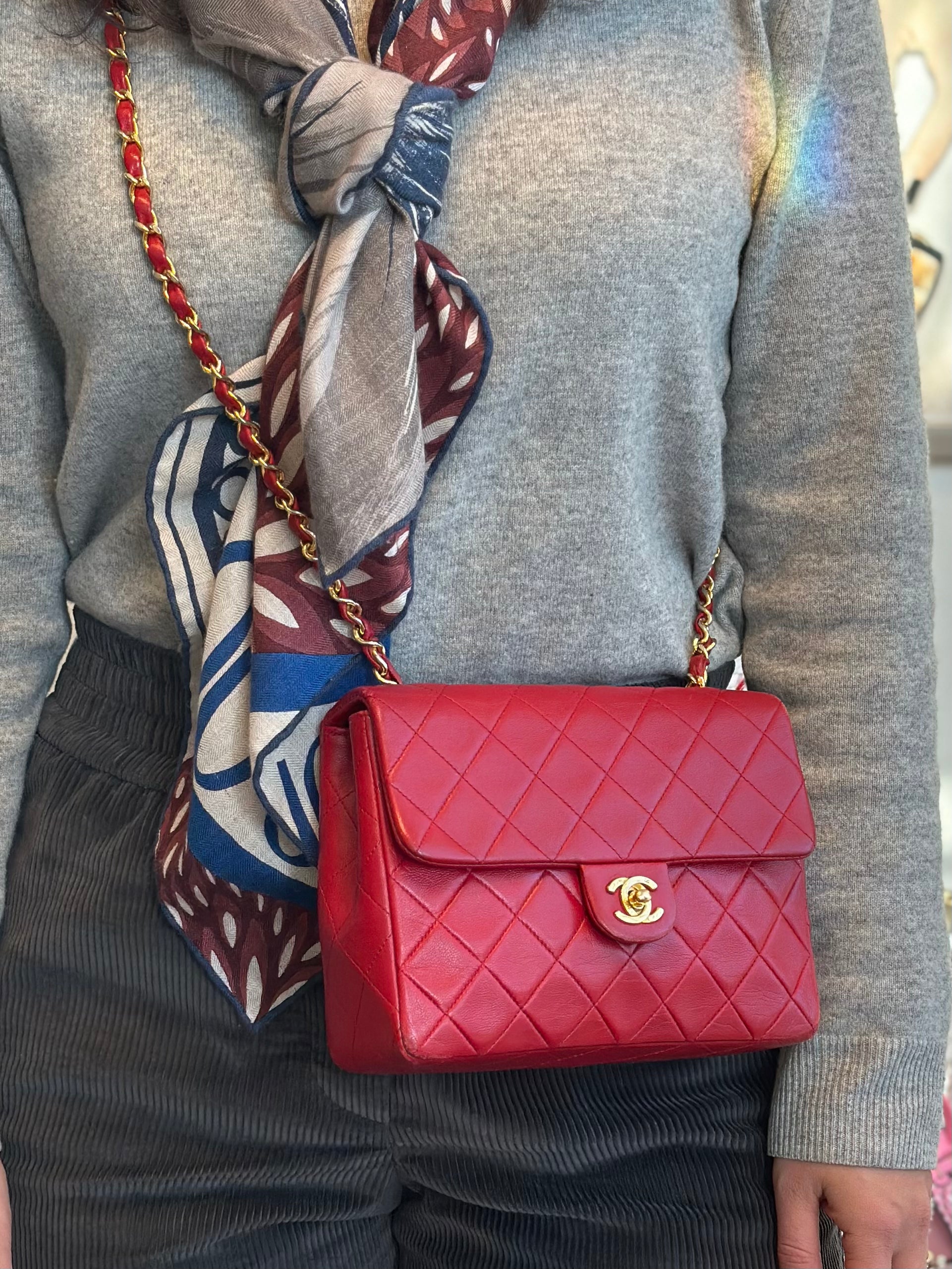 Pre-Owned CHANEL™ Red Lambskin Small Square Flap Bag