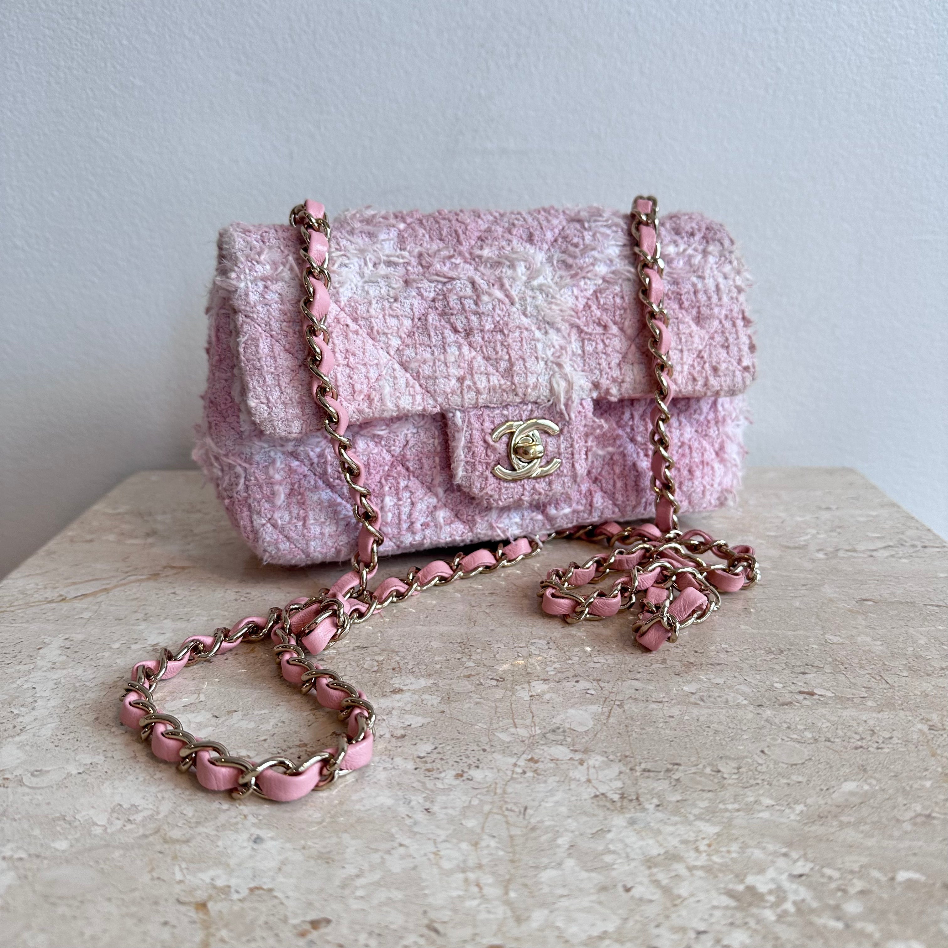 Pre Owned CHANEL Pink Tweed Mini Classic Flap Bag Valamode