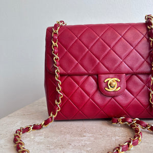 Pre-Owned CHANEL™ Red Lambskin Small Square Flap Bag