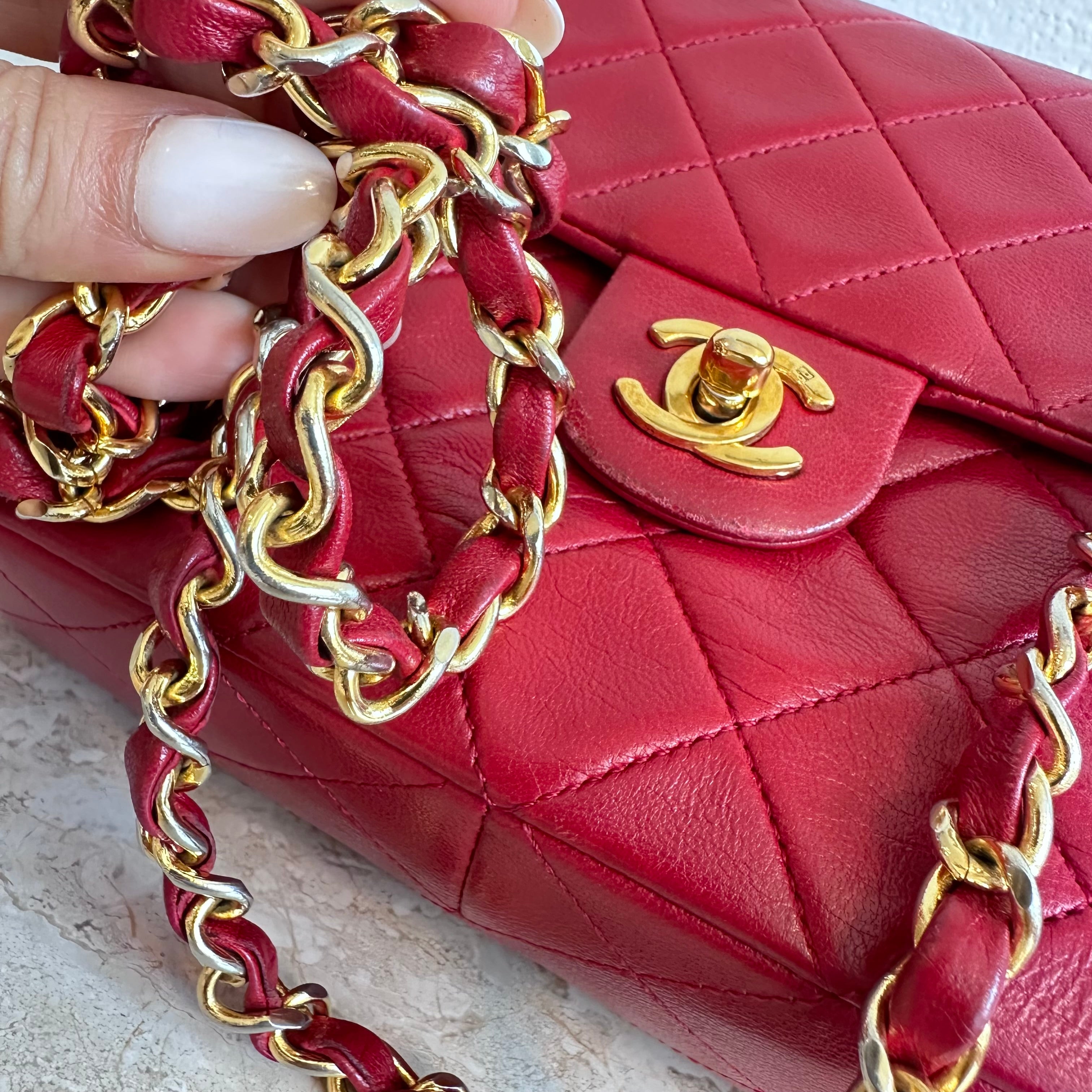 Pre-Owned CHANEL™ Red Lambskin Small Square Flap Bag