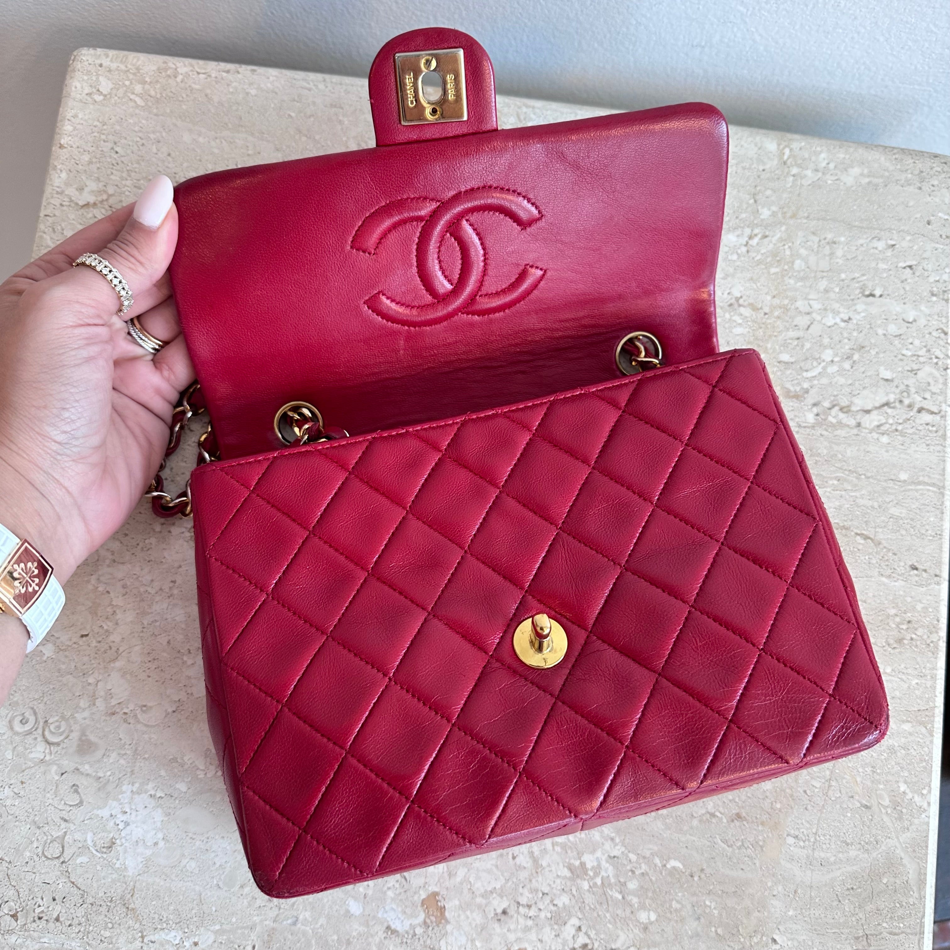 Pre-Owned CHANEL™ Red Lambskin Small Square Flap Bag