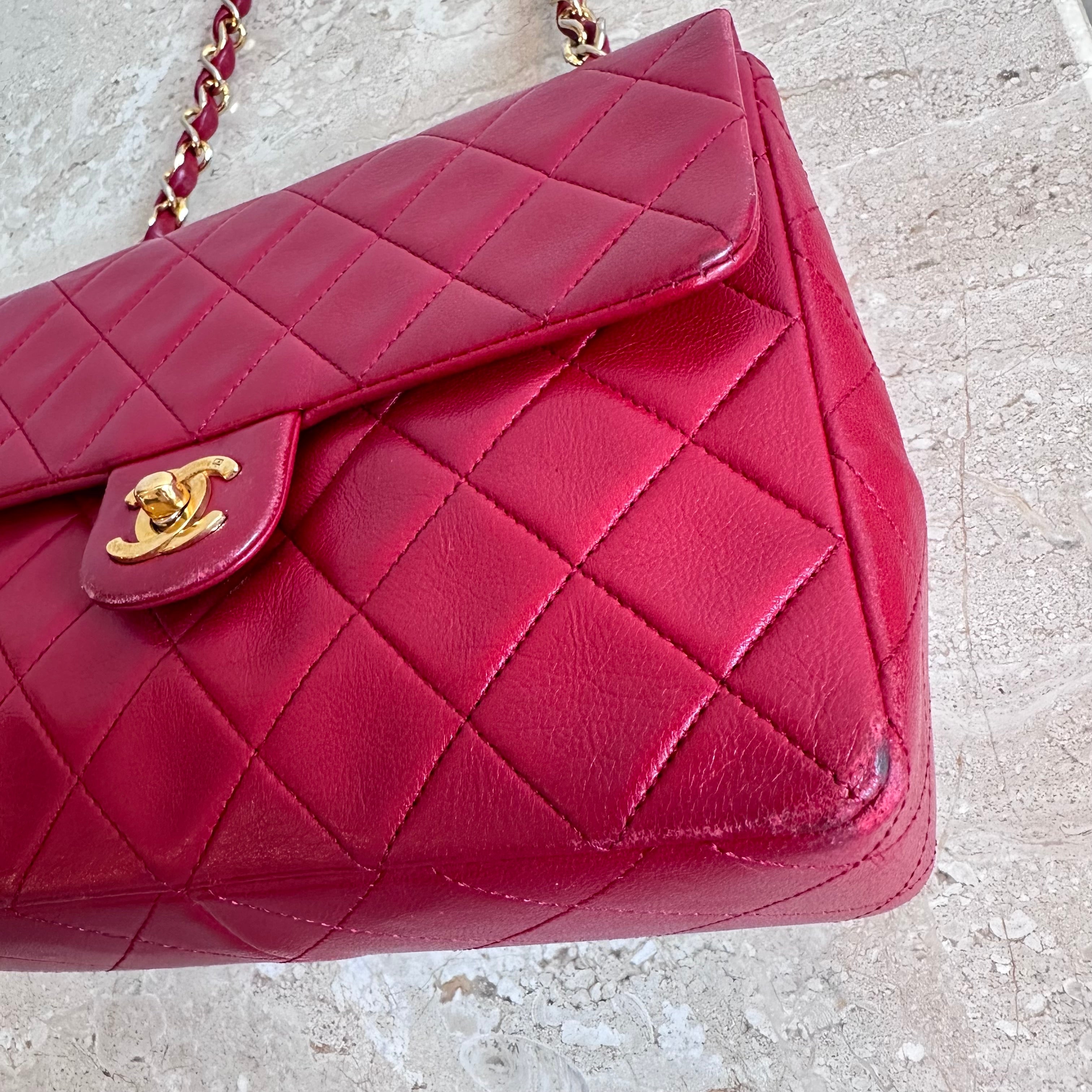 Pre-Owned CHANEL™ Red Lambskin Small Square Flap Bag