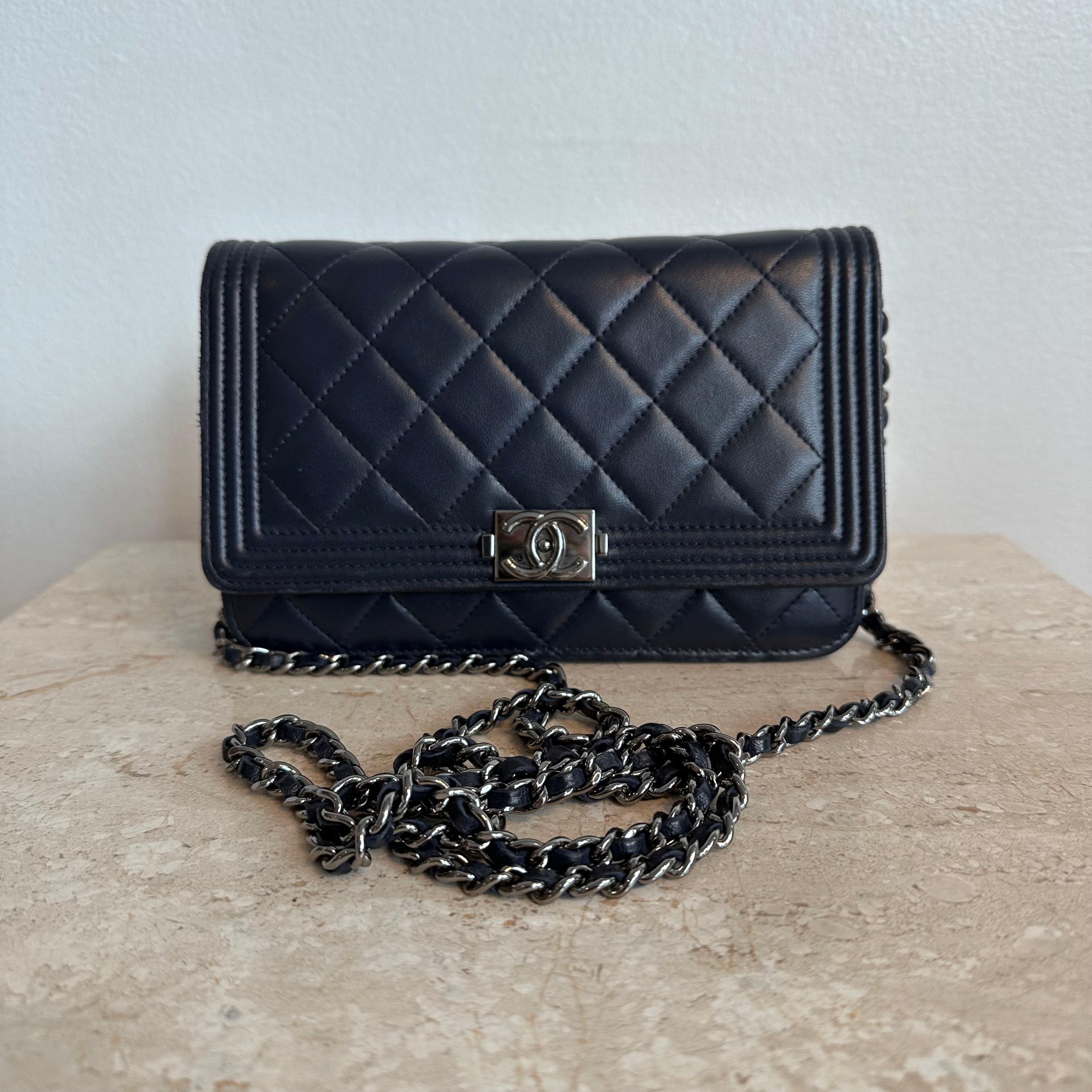 Pre-Owned CHANEL™ Navy Blue Quilted Boy Wallet on Chain