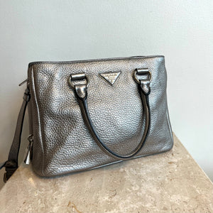 Pre Owned PRADA Metallic Silver Leather Vitello Daino Tote Valamode