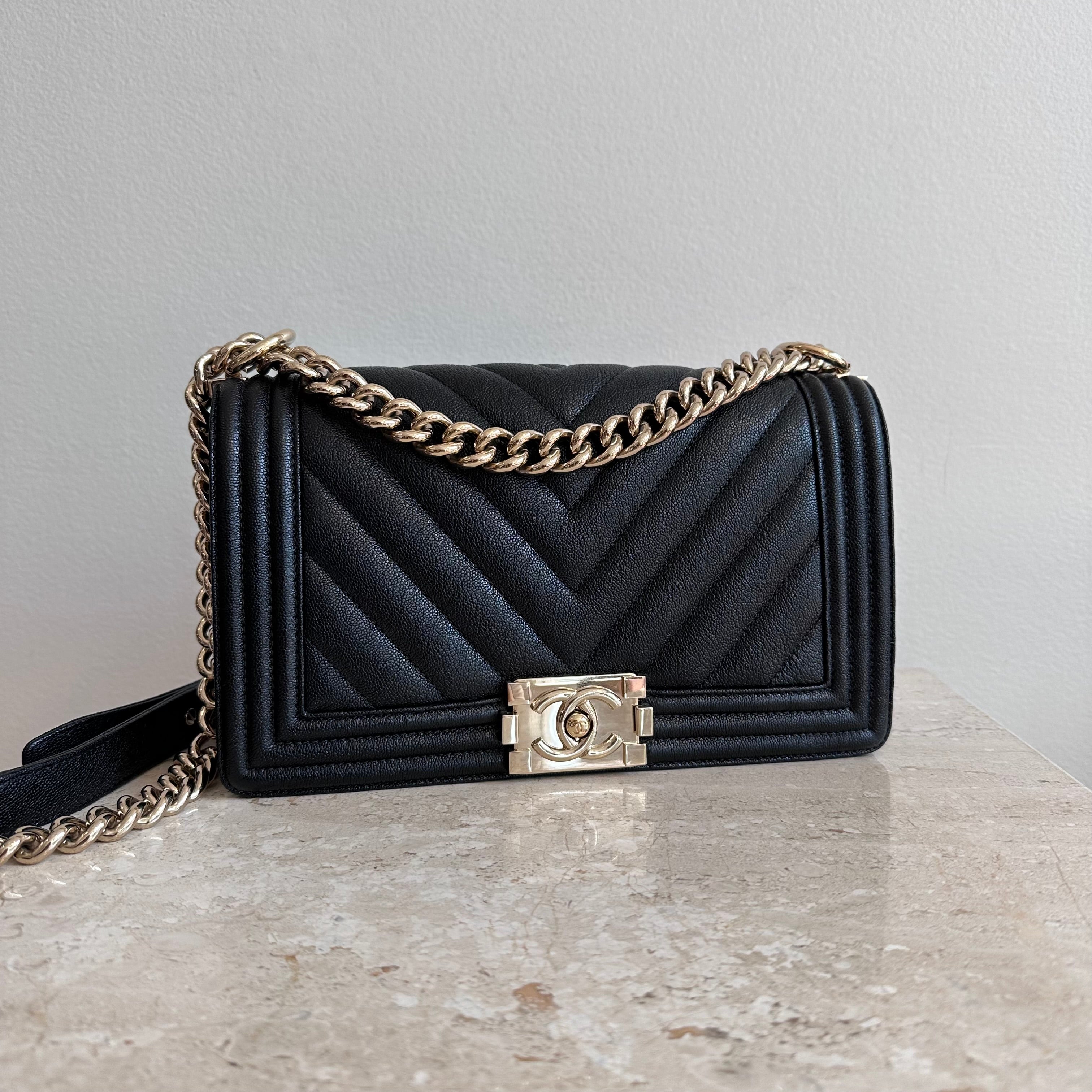 Pre-Owned CHANEL™ Black Medium Chevron Boy Bag