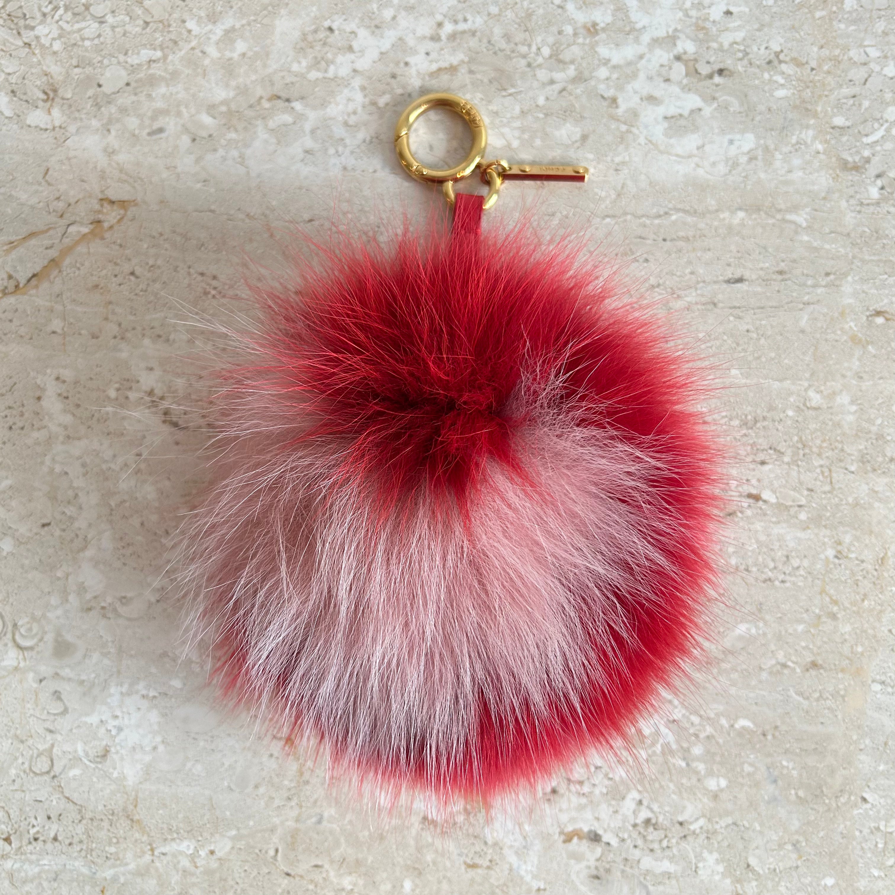 Pre-Owned FENDI Pink and Red Fur PomPom Keyring/Keychain