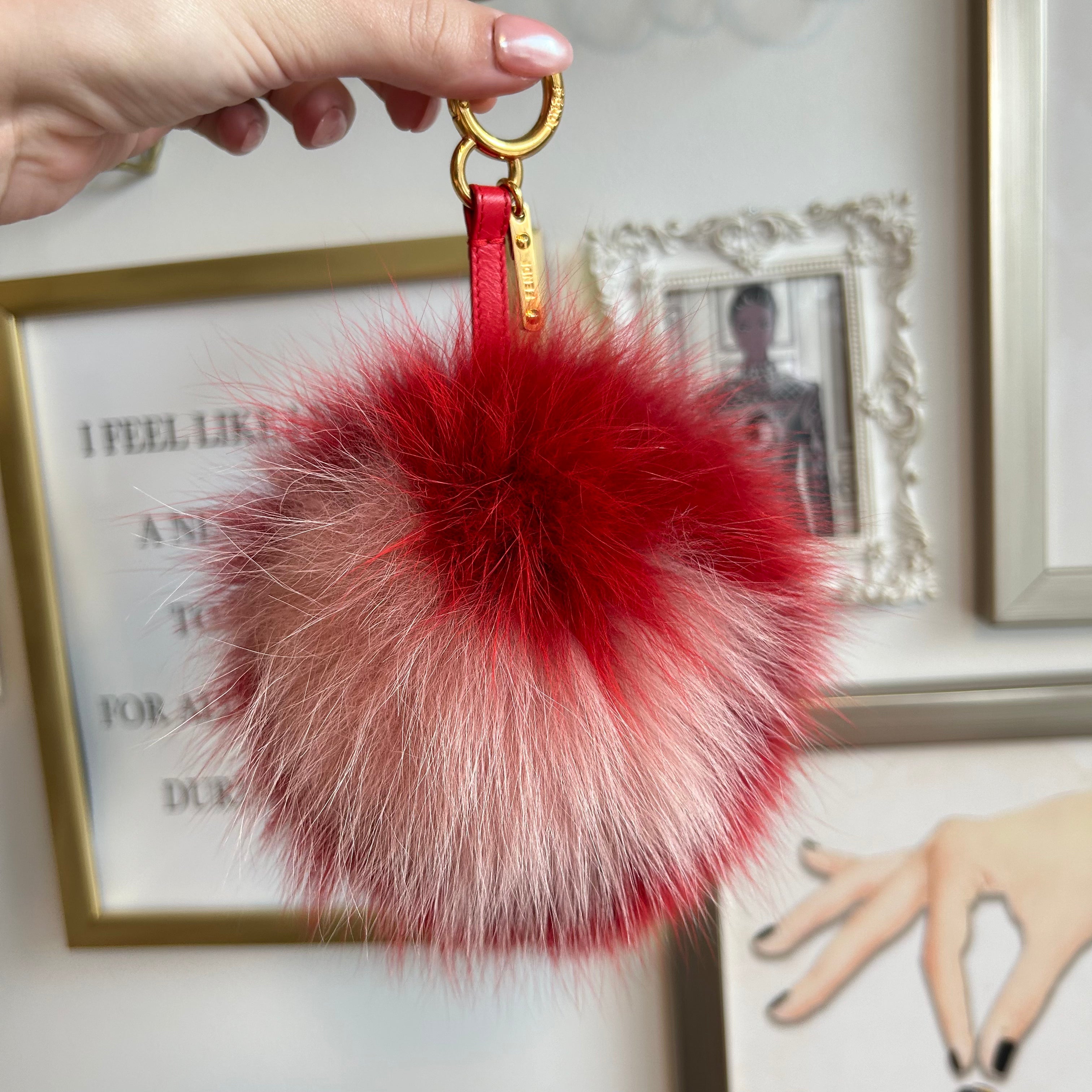 Pre-Owned FENDI Pink and Red Fur PomPom Keyring/Keychain