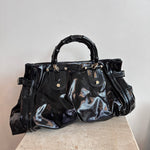 Pre-Owned GUCCI Bamboo Handle Black Patent Leather Bag