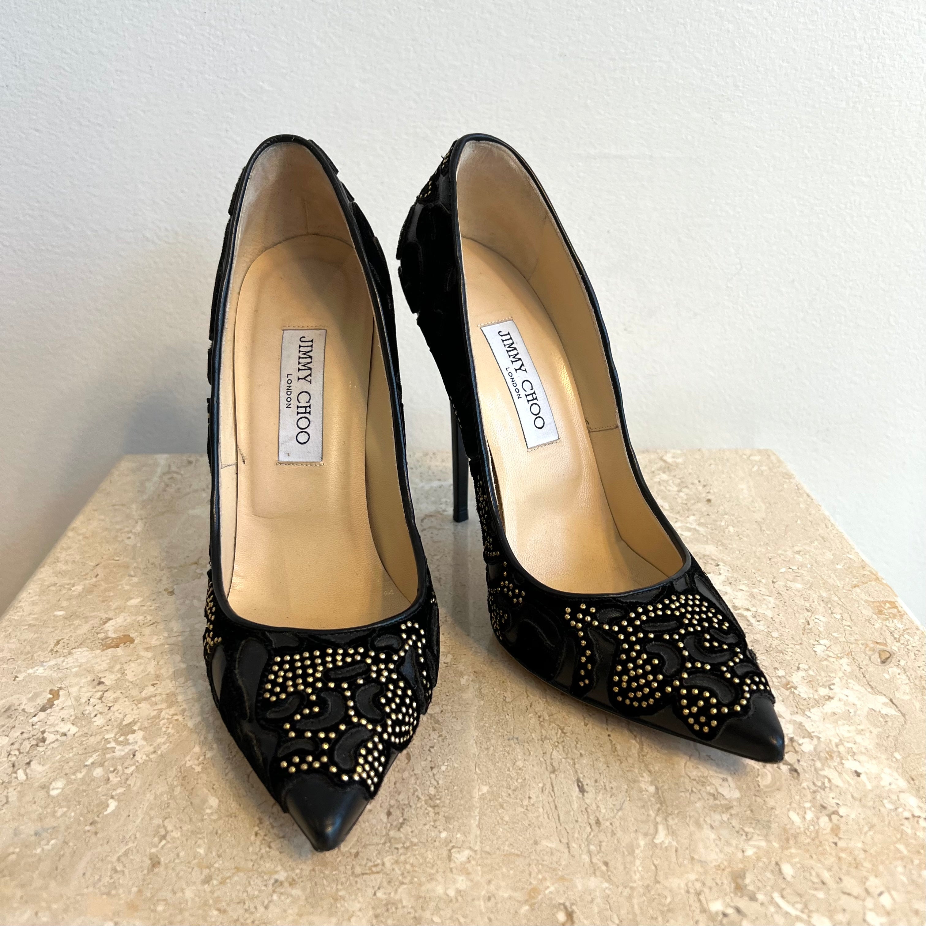 Authentic JIMMY CHOO Black Leather/Velvet lace Pumps - Size 40